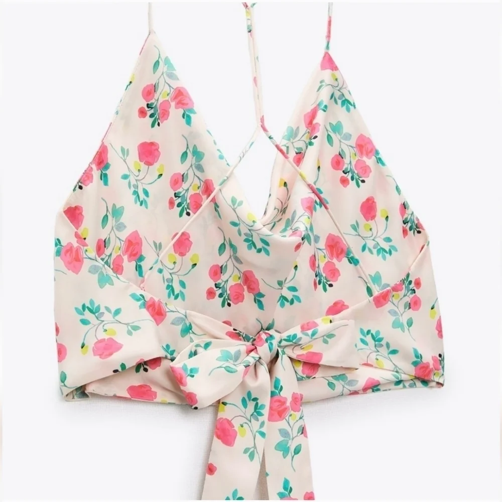 ZARA Floral Tie Back Criss Cross Handkerchief Crop Top Size M - Picture 8 of 11